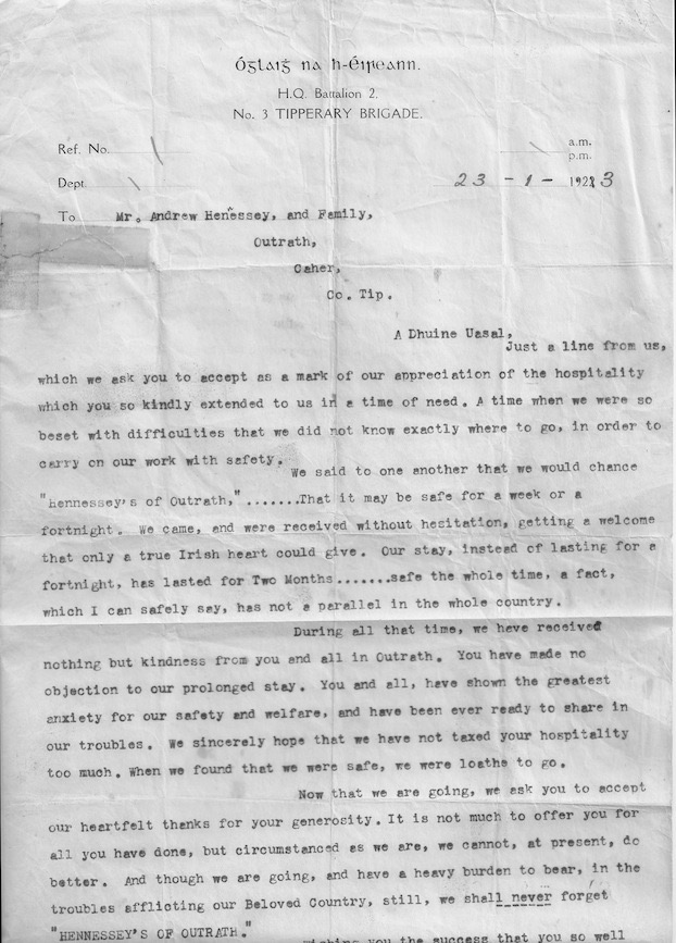 Tipperary Brigade Letter 1923