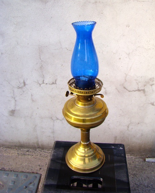 Blue Glass and Brass Lamp