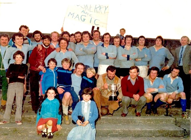 Muskerry Rugby Club members and supporters celebrate the club’s first success – the Minor ‘B’ Cup in 1980