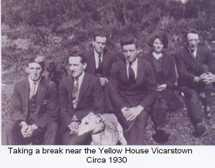 `Taking a break near the Yellow House Vicarstown, circa 1930. Group includes Stephen and Mary O&rsquo;Sullivan from Ballyshonin.jpg